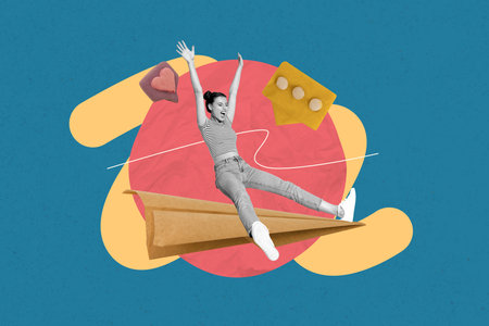 Creative full art collage of happy blogger girl sit paper plane influencer bubble communication chat social media feedback heartの写真素材