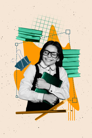 Trendy exclusive 3d vertical artwork collage of happy schoolgirl hold notepad book pencil supplies education clip learnerの写真素材