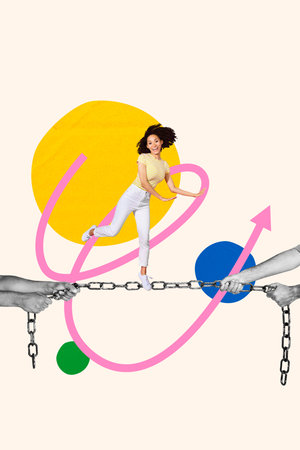 Collage of funny person navigating tangled lines symbolizing confusion challenge complexity business mental struggleの写真素材