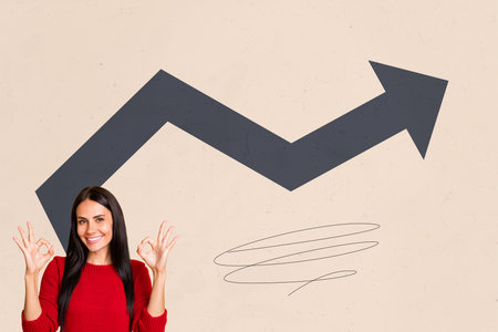 Financial Business Success Collage Showing Happy person With Upward Arrow Symbolizing Money Trading Growth Statsの写真素材