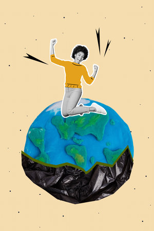 Vertical poster artwork collage of happy guy girl sit earth protection plastic bag half rubbish pollution damage problemの写真素材