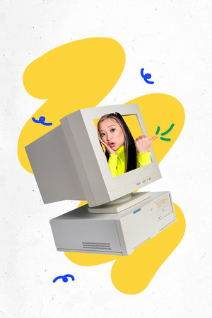 Vertical pop poster banner collage of astonished businesswoman peek pc monitor artificial...