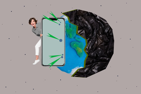 Full zine poster sketch collage of happy girl guy stand save earth protection rubbish half globe bag plastic pollution damage problemの写真素材