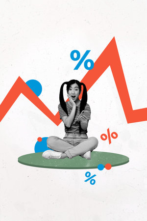 Composite image montage trend artwork 3D collage of young lady shocked sit hold smartphone percent charts graphics business trader successの写真素材