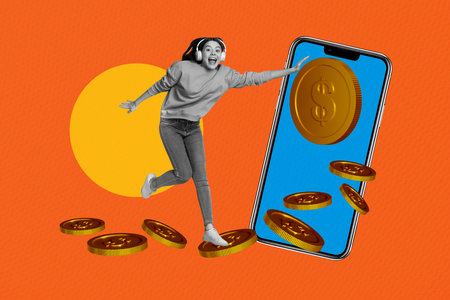 Image banner 3d photo sketch collage of happy businesswoman run phone device receive dollar coin usd bonus transaction incomeの写真素材