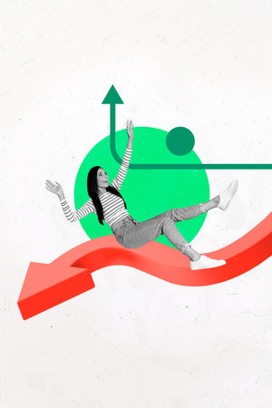 Trend artwork sketch design montage collage of achievement goal venture choice road sign young woman sit huge arrow show way smile happyの写真素材