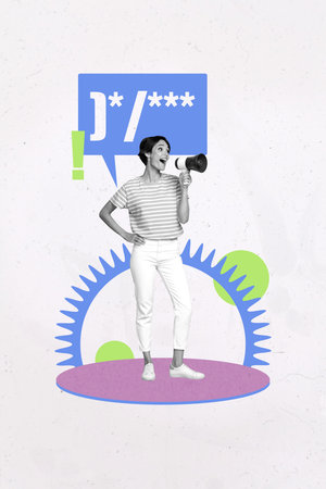 Pop image collage of young person scream megaphone working gear code on pastel background