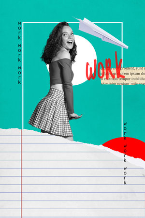 Creative collage of young lady look green background with paper sheets planeの写真素材