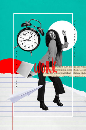 Creative art collage of young girl dancing energetic on green color background with netbook clockの写真素材