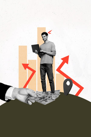 Composite 3D collage trend template design of young man stand work laptop hand hold money banknote trade market dollars investment wealthの写真素材