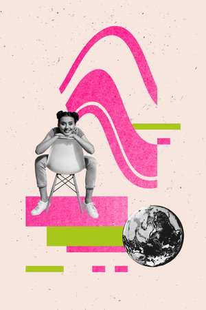 Pop image sketch 3d collage poster of happy girl sit beanbag type laptop environment care volunteer responsibility globe earth iconの写真素材