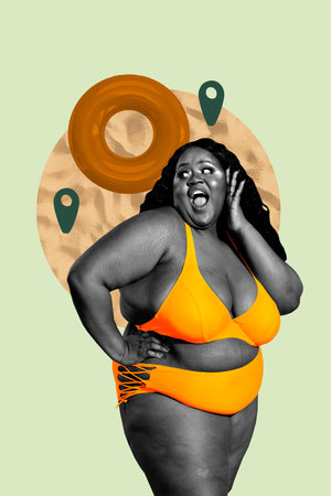 Vertical image art pop collage of happy overweight girl wear bikini belly geolocation lifebuoy travel summer weekend chillの写真素材