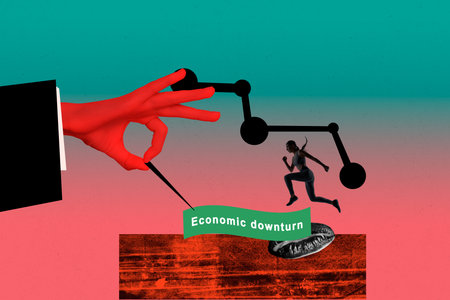 Full 3d art trend collage of serious businesswoman sportive economic downturn hand hold needle prick lips collapse crisisの写真素材