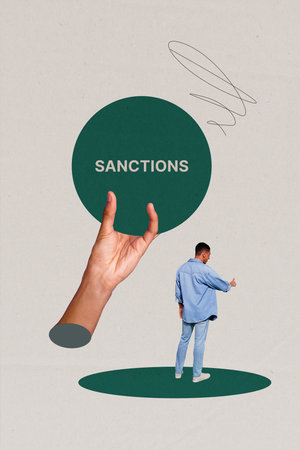 Modern sanctions crisis collage symbols showing how global sanctions influence job market...