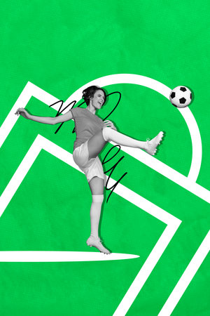 Vertical pop poster banner collage of happy girl goalkeeper football game player push ball competition international tournamentの写真素材