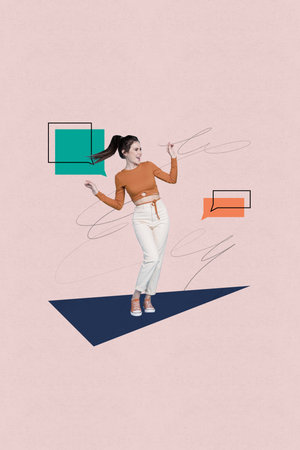 Full 3d photo image collage of happy pretty girl dance chatterbox notification speak communication talk phrase conversationの写真素材