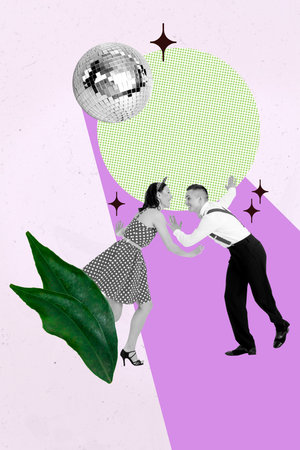 Collage of cheerful people dancing near obsolete retro vinyl expressing retro disco party vintage celebration vibeの写真素材
