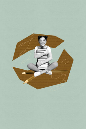 Banner image collage of person hold textbook having painting pencils with lines on green backgroundの写真素材