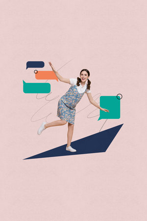 Exclusive image vertical photo collage of happy pretty girl dance communication icon chatterbox notification speech sendingの写真素材