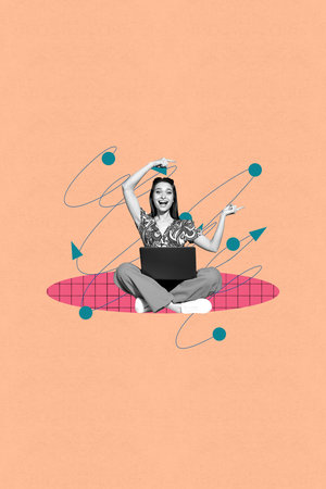 Artwork trend collage of person use netbook demonstrate near curvy figure lines on orange color backgroundの写真素材