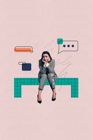 Image zine trend photo collage of minded manager girl sit communication icon receive message monologue speech conversationの写真素材