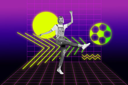 Image full pop trend collage of happy sportswoman push neon doodle football ball tournament bet...