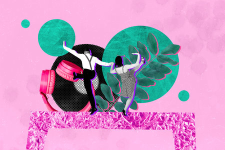 Pop 3d zine full art collage of two anonym girl guy dance pinup celebration holiday headphones vinyl disk player meloman partyの写真素材
