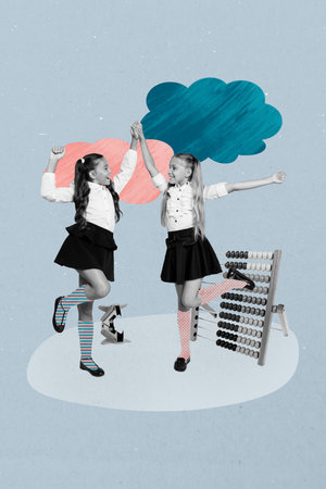 Banner image zine art pop trend collage of two happy schoolgirls stand abacus math subject calculator cloud clip educationの写真素材
