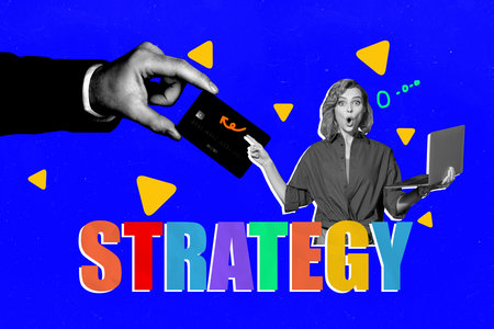 Creative banner full art collage of shocked businesswoman freelancer hold laptop hand offer credit card money e-bankingの写真素材