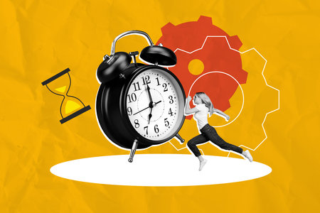 Exclusive image full artwork photo collage of serious businesswoman run gearwheel alarm clock...