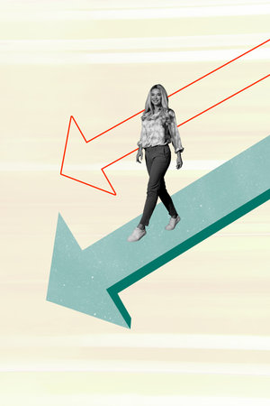 Sketch image 3d pop art banner collage of inexperienced businesswoman walk arrow regress statistics...