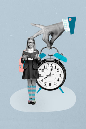 Vertical art pop poster banner collage of happy schoolgirl read book alarm timetable hand regime literature subject studyの写真素材