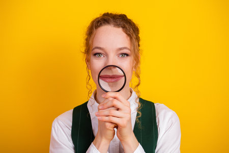 Young woman in school uniform holding a magnifying glass against a yellow background, symbolizing curiosity and educationの写真素材