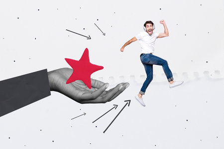 Creative 3d trendy photo collage of happy businessman businesswoman stand hand hold development star review best mark achievementの写真素材