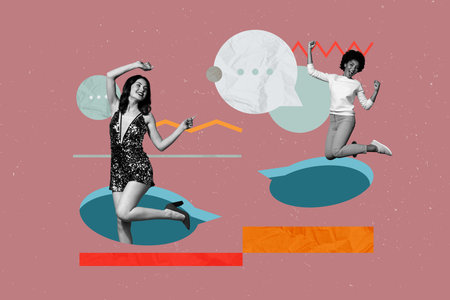 Composite trendy magazine photo collage of two happy girl hold phone bubble communication speech dance chatterbox notificationの写真素材