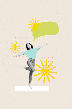 Composite 3D collage trend artwork template design of young lady stand balance smile speech cloud holiday voyage sea resort trip copyspaceの写真素材