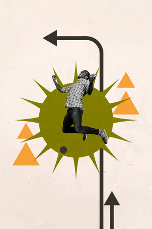 Composite image montage trend artwork collage of success winner young man excited smile levitate charts graphics business trader successの写真素材