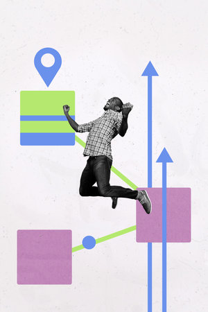 Creative template collage young person look up jump win with arrows gps place on pastel color backgroundの写真素材