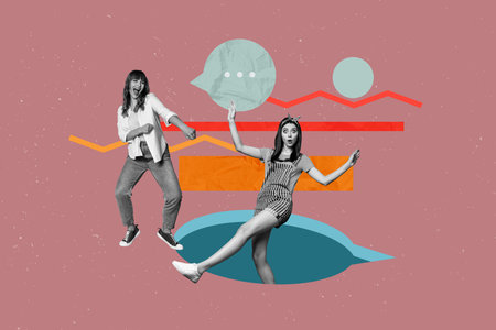 Creative full artwork collage of two happy girls dance jump bubble communication speech icon message conversation chatterboxの写真素材