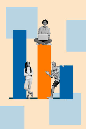 Poster image artwork banner collage of three happy business partners stand chart development career...
