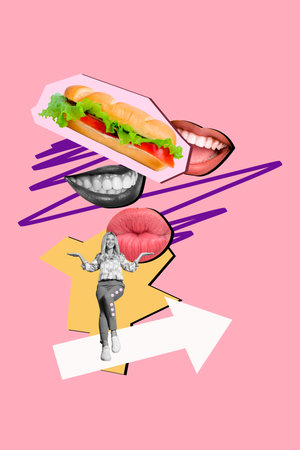 Vertical 3d poster art collage of happy girl sit sandwich fast food snack nutrition mouth smile cafe order carbs lips restaurantの写真素材