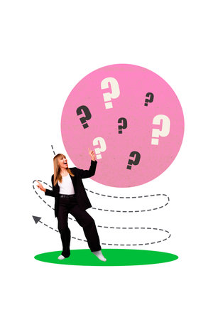 Collage of woman man person with question marks floating around symbolizing doubt decision making...