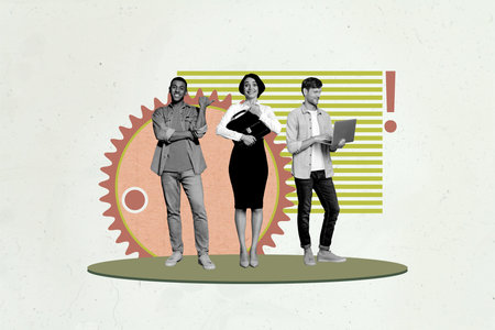Collage design trend artwork sketch of team businesswoman two young man stand type laptop engineering technical optimization developmentの写真素材