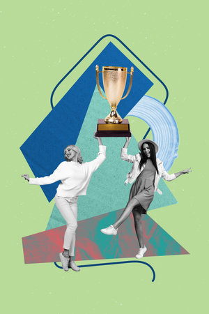 Image zine trend photo collage of two happy business partners girl guy receive golden goblet first place teamwork developmentの写真素材
