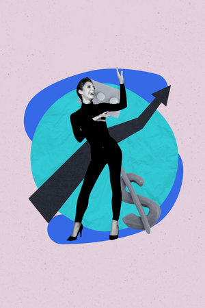 Exclusive artwork banner creative collage of happy businesswoman stand arrow development money income chatterbox speech chatの写真素材