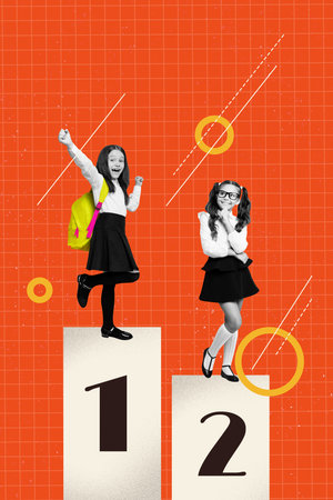 Sketch image 3d pop banner collage of two happy preteen schoolgirls classmates stand one two place pedestal nerd studentの写真素材