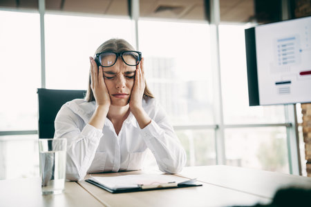 Stressed businesswoman in a modern office struggling with work pressure and challenges, seated at a desk in frustrationの写真素材