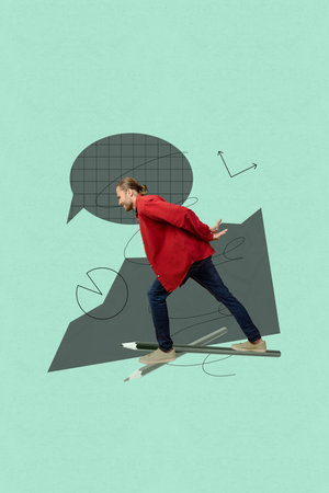Image 3d zine vertical collage of happy businessman dance bubble communication icon arrow diagram development statisticsの写真素材