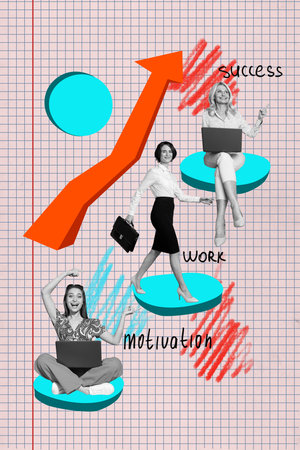 Creative collage of team partners women use gadget point on pink red backgroundの写真素材