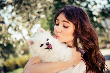 Young attractive woman holding her fluffy white dog outdoors in a sunny park setting, showcasing affection and positivityの写真素材